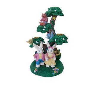 VTG 90s Easter Bunny 3-Wick Candle Holder Ceramic Spring Tree Whimsical Bird